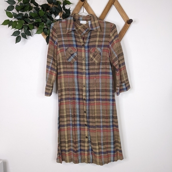 Vintage Dresses & Skirts - Vintage White Stag Linen Blend Plaid Long Sleeve Mini Shirt Dress